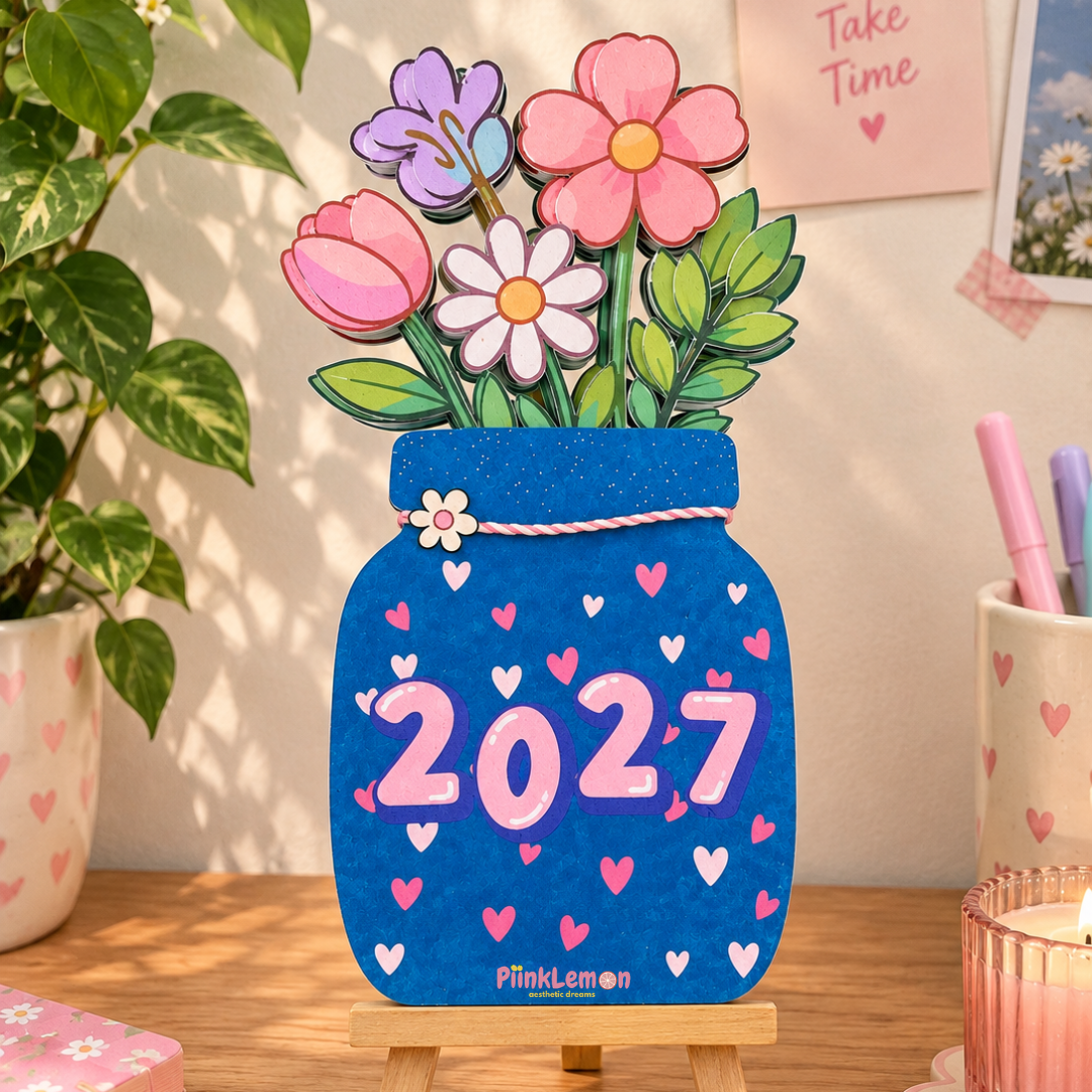 2027 Desk Calendar with floral mason jar design and wooden easel stand – PiinkLemon