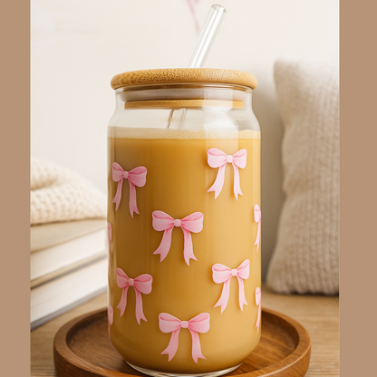 Joy Jar Bow Bliss – 540ml glass jar with wooden lid and glass straw